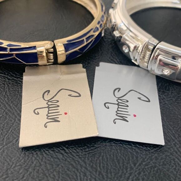 Set of 2 Sequin NYC Crystal Bangle Bracelets – Navy & Silver – Hinged Pair - Picture 9 of 10